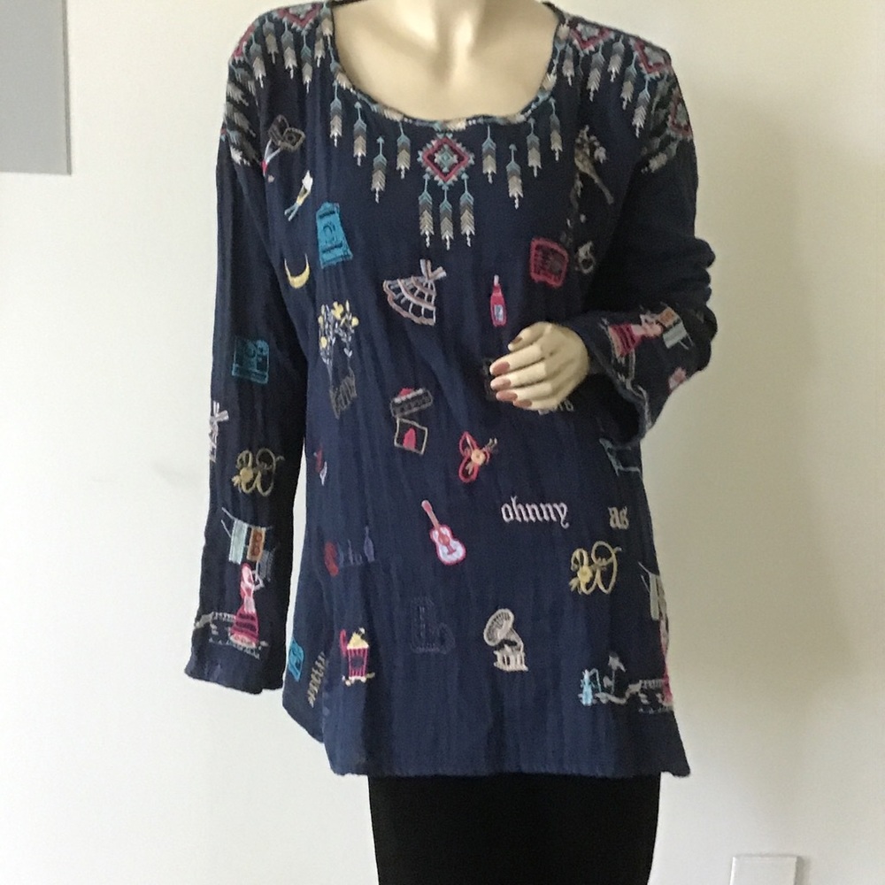 NEW Johnny Was Biya Rondo Navy Blue Embroidered Oversized LS Tunic Top M $225